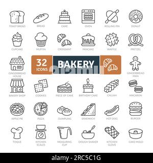 Bakery Icons Pack. Symbole für dünne Linien festgelegt. Einfache Vektorsymbole Stock Vektor