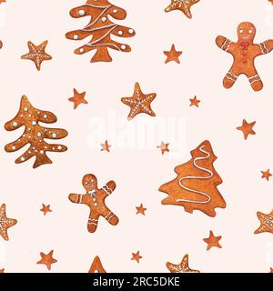 Nahtlos verzierte, süße Weihnachts-Lebkuchen-Kekse auf beigefarbenem Hintergrund. Aquarelle Darstellung eines Lebkuchen-Mannes, Sterne, Fichte Stockfoto