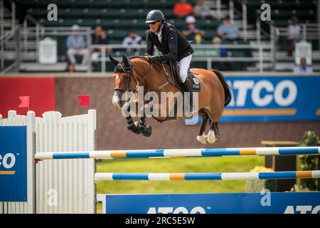 Paul O'Shea aus Irland nimmt am Rolex North American Grand Prix in Spruce Meadows Teil. Stockfoto