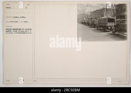 LKWs parken vor der Quartermaster Corps Garage an der 1. & T Street, N.W., Washington, D.C. Das Foto wurde 1919 aufgenommen und ist Teil der Fotosammlung der amerikanischen Militäraktivitäten während des Ersten Weltkriegs. Das Bild zeigt mehrere LKWs, die der Quartermaster Corps Garage gehören. Stockfoto