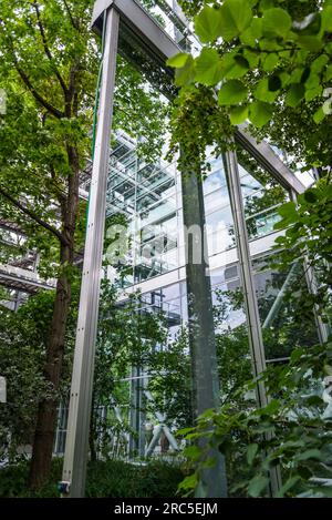 Fondation Cartier, ein Museum für zeitgenössische Kunst, befindet sich in einem Glasgebäude, das vom Pritzker-Preisträger-Architekten Jean Nouvel, Paris, Frankreich, entworfen wurde Stockfoto