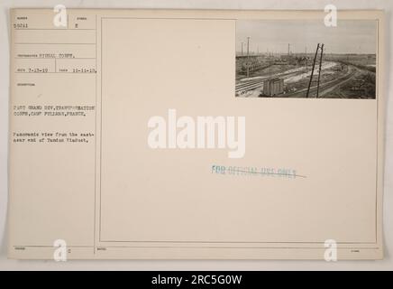 Panoramablick auf die 21. Grand Div Transportkorps in Camp Pullman, Frankreich. Das Foto wurde am 11. November 1918 aufgenommen. Das Symbol „E“ steht für die 21. Grand Div Transportkorps. Die Aussicht ist von Osten, nahe dem Ende des Tandon Viaduct. Dieses Foto ist nur zur amtlichen Verwendung bestimmt. Stockfoto