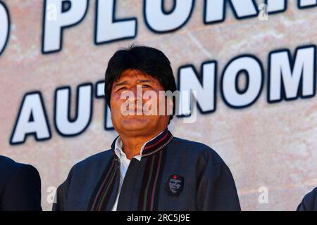 LA PAZ, BOLIVIEN, 14. Januar. Der bolivianische Präsident Evo Morales Ayma (ehemaliger Kokaanbauer und Gewerkschaftsführer) trägt eine Jacke mit einem Abzeichen von Che Guevara, während er an einer Veranstaltung zur Feier des Wiedereintritts Boliviens zum UN-Einheits-Übereinkommen über Suchtstoffe von 1961 teilnimmt. Der Ausdruck und die Pose von Evo in dieser Aufnahme ähneln dem von Che in dem ikonischen Foto „El Guerrillero Heroico“, das der Fotograf Alberto Korda 1960 aufgenommen hat und das die Grundlage für die allgegenwärtigen modernen Bilder von Che bildet (einschließlich des Abzeichens auf der Jacke von Evo). Stockfoto