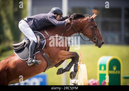 Santiago Lambre aus Brasilien nimmt am Rolex North American Grand Prix in Spruce Meadows Teil. Stockfoto