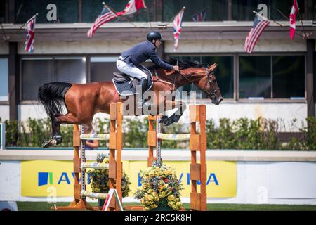 Santiago Lambre aus Brasilien nimmt am Rolex North American Grand Prix in Spruce Meadows Teil. Stockfoto