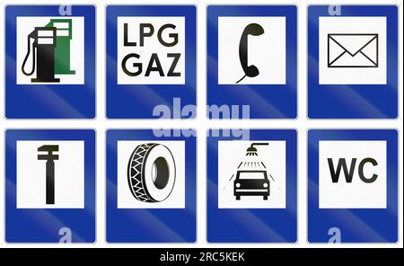 Sammlung informativer Verkehrsschilder in Polen. Stockfoto