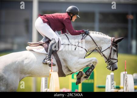 Shauna Cook of Canada nimmt am Rolex North American Grand Prix in Spruce Meadows Teil. Stockfoto