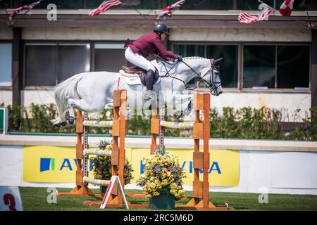 Shauna Cook of Canada nimmt am Rolex North American Grand Prix in Spruce Meadows Teil. Stockfoto