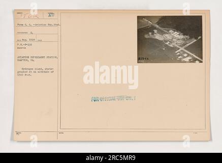 Luftaufnahme des Fotografen E. NECD im August 1918. Das Bild zeigt eine Wasserstoffanlage in der Aviation Experiment Station in Hampton, VA. Das Bild wurde in einer Höhe von 1500 Fuß aufgenommen. Dieses Foto ist mit „nur zur offiziellen Verwendung“ gekennzeichnet. Stockfoto