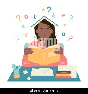 Cartoon-Legasthenikerin mit Angstzuständen beim Gesichtslernen, Lesen am Schultisch, Erziehungsschwierigkeiten und psychischen Störungen bei verwirrtem Kind. Invaliditätsproblem der kindlichen Legasthenievektordarstellung. Stock Vektor