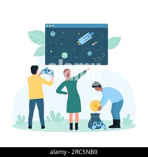 Gamifizierung, Spiel in virtueller Welt, Vektordarstellung. Kleine Cartoon-Leute spielen Videospiele mit Gamepad, Gamer reisen in digitaler Simulation des Weltraums und der Steuerung mit Schaltflächen auf dem Bildschirm Stock Vektor