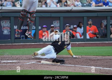 Salt Lake UT, USA. 8. Juli 2023. Salat Lake Right Fielder Brett Phillips (5) erzielt während des Spiels einen Lauf mit Sacramento River Cats und Salt Lake Bees im Smiths Field in Salt Lake Ut. David Seelig/Cal Sport Medi(Kreditbild: © David Seelig/Cal Sport Media/Cal Sport Media) (Kreditbild: © David Seelig/Cal Sport Media/Cal Sport Media). Kredit: csm/Alamy Live News Stockfoto