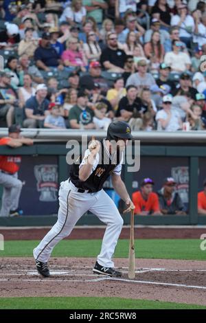 Salt Lake UT, USA. 8. Juli 2023. Der erste Baseman am Salat Lake, Daniel Murphy (40), wird während des Spiels von Sacramento River Cats und Salt Lake Bees im Smiths Field in Salt Lake Ut begeistert sein. David Seelig/Cal Sport Medi. Kredit: csm/Alamy Live News Stockfoto