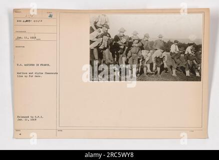 US-Marines und Alpenchasseurs, die sich während des 1. Weltkriegs für ein Rennen in Frankreich anstellen Das Foto wurde am 11. Januar 1918 aufgenommen. Das Bild wurde am selben Tag an den Ausschuss für Öffentliche Information (C.P.I.) herausgegeben. Das Foto hat die Patienten-ID-Nummer 2174 und befindet sich in Datei 4.253 4353. Es sind keine zusätzlichen ausgegebenen Notizen oder Beschreibungen verfügbar. Stockfoto