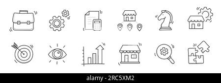 Business sme Doodle-Symbolsatz. Kleine und mittelständische Unternehmen – handgezeichnetes Skizzensymbol. Lokale Partnerschaft, Wirtschaftsstrategie, Franchise-Konzept. Vektordarstellung. Stock Vektor