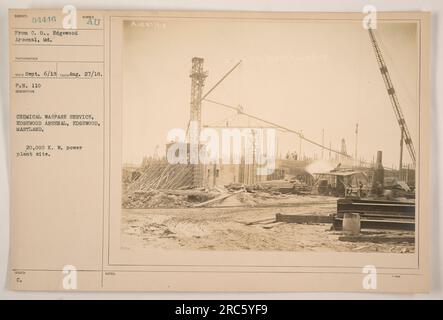 Ein Foto, das das Kraftwerk von 20.000 KW am Edgewood Arsenal in Edgewood, Maryland, zeigt. Dieser Standort wurde während des Ersten Weltkriegs vom Chemical Warfare Service betrieben Das Foto wurde am 27. August 1918 von einem nicht identifizierten Fotografen mit der Nummer RECO am 6. September 18 aufgenommen. Es gehört zur P.N. 110-Serie und wurde am 21. August 1918 mit den C-Noten herausgegeben." Stockfoto