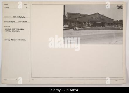 General Hospital #21 in Denver, Colorado, hatte ein bewegendes Kino auf dem Gelände. Auf diesem Foto, das im April 1920 von Sergeant Saum.S.C. aufgenommen wurde, ist das Theater im Krankenhaus zu sehen. Das Theater wurde als Sunber 68229 bezeichnet. Stockfoto
