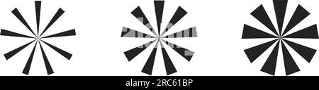 Kreisförmige Bursts, Balken und Strahlen. Einfarbige Grafiken, optische Muster und leuchtende schwarze Elemente. Vektor-isolierte Darstellung. Stock Vektor