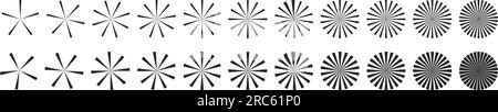 Kreisförmige Bursts, Balken und Strahlen. Einfarbige Grafiken, optische Muster und leuchtende schwarze Elemente. Vektor-isolierte Darstellung. Stock Vektor