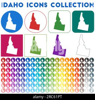 Idaho Icons Kollektion. Bunte, trendige Kartensymbole. Modernes Idaho-Abzeichen mit US-Bundeslandkarte. Vektorabbildung. Stock Vektor