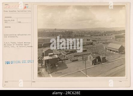 Arbeiter beim T.N.T. Werk in Beloeil, Kanada, Herstellung von Sprengstoffen für die Regierung. Das Werk gehört der Canadian Explosives Ltd. Und beherbergt auch tolno l-Lager. Das Foto wurde am 11. Januar 1919 aufgenommen. Dieses Bild ist als „nur zur offiziellen Verwendung herausgegeben“ gekennzeichnet und ist Teil einer Dokumentation der amerikanischen militärischen Aktivitäten während des Ersten Weltkriegs. Stockfoto