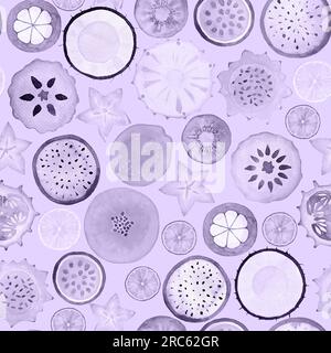 Nahtloses Muster mit exotischen tropischen Obstscheiben. Aquarell handgezeichneter einfarbiger pastellfarbener lilafarbener Hintergrund. Aquarell Sommerschmuck Stockfoto