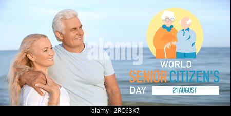 Banner für den Welttag der Senioren mit glücklichen älteren Ehepaaren im Sea Resort Stockfoto