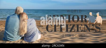 Banner für den Welttag der Senioren mit glücklichen älteren Ehepaaren im Sea Resort Stockfoto