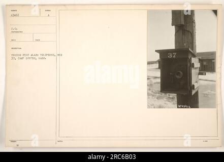 Ein Soldat, der während des Ersten Weltkriegs ein Feuermeldetelefon in Box 37 in Camp Devens, Massachusetts, bediente. Dieses Foto, das vom S.C.-Fotografen Reco aufgenommen wurde, hat die Nummer 43416 und wurde mit dem Symbol A ausgestellt. Das Ausstellungsdatum und zusätzliche Hinweise werden nicht zur Verfügung gestellt. Stockfoto