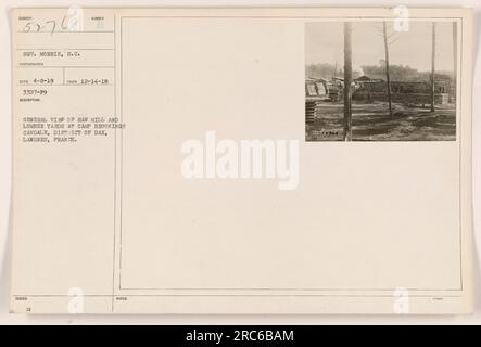 Sägewerk und Holzhöfe in Camp Brookings, Candale, Bezirk Dax, Landres, Frankreich. Ein Foto von Sergeant Morris, S.C. Fotograf, am 14. Dezember 1918. Die Abbildung zeigt eine allgemeine Ansicht des Sägewerks und der Holzhöfe. Ausgegebene Schuldscheine belaufen sich auf 2768 EUR.“ Stockfoto