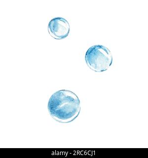 Wasserfarbe von Hand gezeichnete hellblaue Wasserblasen isoliert auf weißem Hintergrund. Unterwasser-Design-Element. Meeresklippe. Stockfoto
