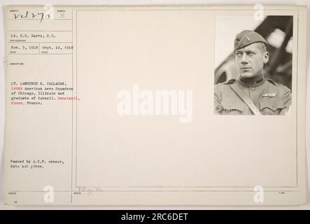 Leutnant Lawrence K. Callahan, Mitglied der 148. Amerikanischen Aero-Staffel aus Chicago, Illinois, und Cornell-Absolvent in Remaisnil, Somme, Frankreich. Datum des Fotos nicht angegeben. Genehmigt von A.E.P. Zensor. Stockfoto