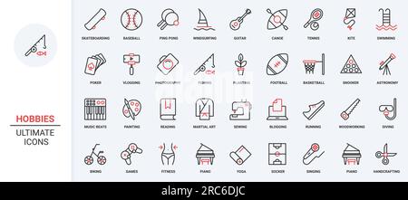 Rote Hobbysymbole mit dünnen Linien legen die Vektordarstellung fest. Freizeit- und Sportspiele am Wochenende mit Musikkunst und Sport, Lesen und Skateboarden, Schwimmen und Angeln, Fotografie und Vloggen. Stock Vektor