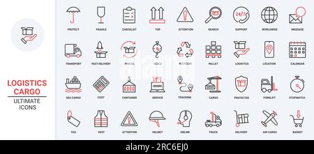LKW, Schiff für den schnellen Versand von Frachtpaketen, Kran, Gabelstapler, Regenschirm. Weltweiter Lieferservice, Logistik und Transport trendige rote, dünne Linien-Symbole stellen Vektorbilder dar. Stock Vektor