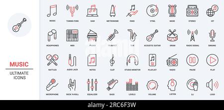 Tasten des Menüs der Benutzeroberfläche Piktogramm zur Lautstärkeregelung, Mikrofonkopfhörer, akustische Instrumente, Notizsymbole für digitale Musiktechnologie. Trendige rote schwarze Symbole mit dünnen Linien stellen die Vektordarstellung ein. Stock Vektor