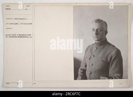 Major Louis D. Waldron vom Ingenieurskorps in Washington, D.C. ist auf diesem Foto abgebildet. Das Bild wurde am 17. Mai 1920 aufgenommen und am 26. Mai 1920 mit einem Symbol empfangen. Major Louis D. Waldron wurde das Foto von der SGT herausgegeben. Polk S.C. Es trägt die Notation "US-Amtsträger". Der Beschriftungsstil ist sachlich und liefert relevante Informationen. Stockfoto