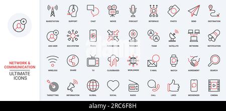 Globaler Support, Satellitensystem für Kommunikationsturm, Symbole für E-Mail-Benachrichtigungen und Chat-Nachrichten. Vektordarstellung trendiger roter, schwarzer Symbole mit dünnen Linien für die globale Netzwerktechnologie sozialer Medien. Stock Vektor