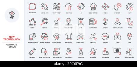 Vektordarstellung trendiger roter, schwarzer Symbole mit dünnen Linien bestimmen die technologische Zukunft, einschließlich moderner Innovationen Smart Home Digitalisierung, neuronales KI-Netzwerk, Roboterdrohnen, digitale Daten von Sicherheitsdiensten. Stock Vektor