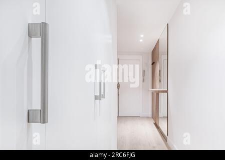 Strukturiertes Metall zieht an weißen Holzschranktüren in einem Hausflur Stockfoto
