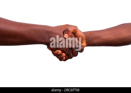 Handschlag zwischen zwei Afrikanern, Hände isoliert auf weißem Hintergrund Stockfoto