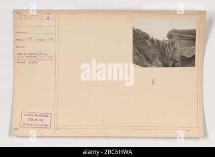 Amerikanische Truppen von Co G., 168. Infanterie, bekannt als "Lows Boys", fotografiert im Chamois Parm, Badonviller Sektor in Frankreich, am 7. März 1918. Das Bild wurde zensiert und am 20. April 1918 von der war College Division veröffentlicht. Anmerkung: 1 Stockfoto