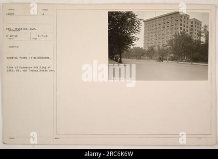 Blick auf das Commerce Building in der 19. St. und Pennsylvania Ave in Washington. Dieses Foto wurde vom Fotografen Franklin am 12. Mai 1919 aufgenommen. Es ist Teil einer Sammlung, die amerikanische Militäraktivitäten während des Ersten Weltkriegs dokumentiert. Dem Foto wurde die Nummer 48296 zugewiesen. Stockfoto