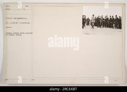 General Harbord wird in Ezerum, Türkei, willkommen geheißen. Das Foto, Nummer 67331, wurde von Sergeant Barnes von den Symbolfotos aufgenommen. Das Bild wurde am 18. November 1919 aufgenommen und die Beschreibung am 25. September 1919. Stockfoto