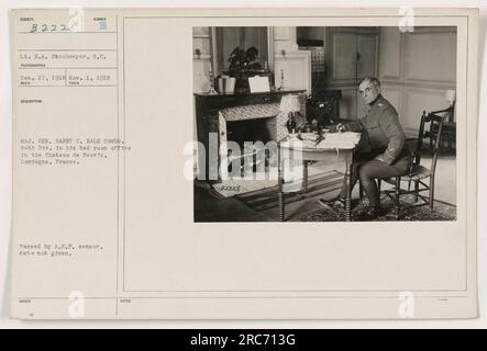 Dieses Bild hat LT. H.A. Strohmeyer, S.C. im Chateau de Neuvic, Dordogne, Frankreich. LT. Strohmeyer kann in seinem Schlafzimmer gesehen werden, wo er seine Pflichten erfüllt. Das Foto wurde am 1. November 1918 aufgenommen und erhielt es am 27. Dezember 1918. Major General Harry C. Hale, Commander der 84. Division, wird in der Beschreibung erwähnt. Das Foto hat den A.E.P. Zensor bestanden, aber das genaue Datum ist unbekannt. Stockfoto