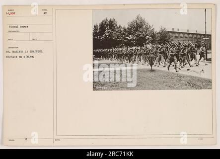 US-Marines, die während des Ersten Weltkriegs an Übungen teilnahmen. Das Foto zeigt sie auf einer Wanderung, die sich auf den Kampf vorbereitet. Identifiziert als Bildnummer 14.908 in der Signalkorps-Sammlung. Stockfoto