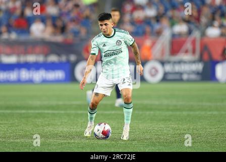 12. Juli 2023; Foxborough, MA, USA; Atlanta United Mittelfeldspieler Thiago Almada (23) in Aktion während des MLS-Spiels zwischen Atlanta United und New England Revolution. Anthony Nesmith/CSM Stockfoto