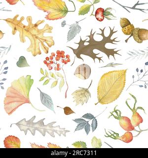 Herbstblüten, wasserfarbenes Muster mit Eiche, Rosenhüfte, Rowanbeere, Esche, Eichel, Wilde Asche, Ginkgo, abstrakte Kräuter, für Hintergrund, Dekoration Stockfoto