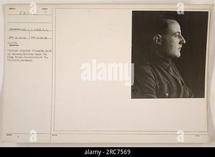 Porträtfoto des Gefreiten Stephen Riggakes, ein Soldat aus Griechenland, der im 7. Armeekorps diente. Er ist ein Grieche, der mit besonderen griechischen Merkmalen abgebildet ist. Das Foto wurde von Sergeant I. G. Jones vom S. Carolina Regiment am 18. Januar 1919 in Wittlich aufgenommen. Stockfoto