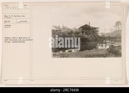 Ein Foto, das am 8. April 1919 von Sergeant F. T. Morris, S.C. aufgenommen wurde, zeigt einen allgemeinen Überblick über Sägewerke in Camp Brookings in Candale, District of Dax, Landres, Frankreich. Das Foto wird dem Subjekt 52907 zugewiesen, mit der Fotografen-Referenz 4-8-19 RECO 3466-99. Es wurde aufgenommen, um eine visuelle Aufzeichnung des Zustands der Sägewerke im Lager zu liefern. Stockfoto