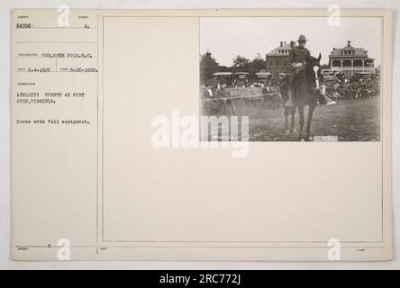 Ein Pferd, das für Sportveranstaltungen in Fort Myer, Virginia, gerüstet ist. Dieses Foto wurde während des Ersten Weltkriegs von Sergeant Keen Polk von der Symbol Photographer Company SUNCA 68706 aufgenommen. Das Bild stammt von 5-26-1920 und ist Teil einer Serie, die verschiedene militärische Aktivitäten erfasst. Stockfoto